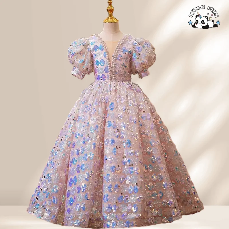 LEZONKIDS - 2024 Fashion Sequined Beading Boutique Flower Girls' Dresses Children Evening Party Dress